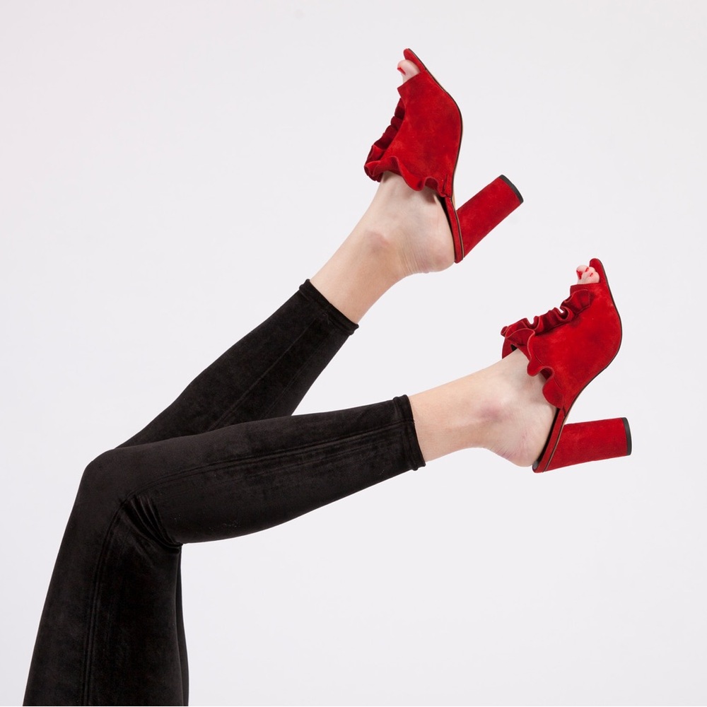 Rebecca Minkoff Elegant Red Ruffle suede block Heeled Sandals